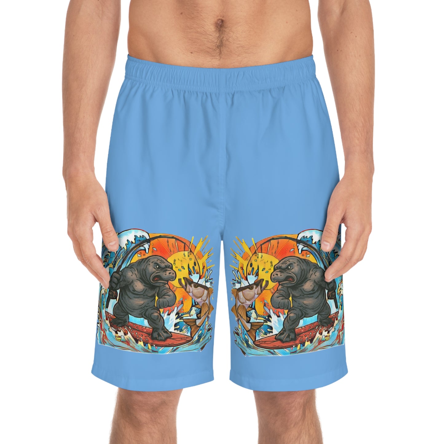 Men's Surfboard Shorts, ManateeMan Ocean Adventure Swim Trunks, Fun Beachwear for Summer, Perfect for Vacations, Surfers, Beach Parties