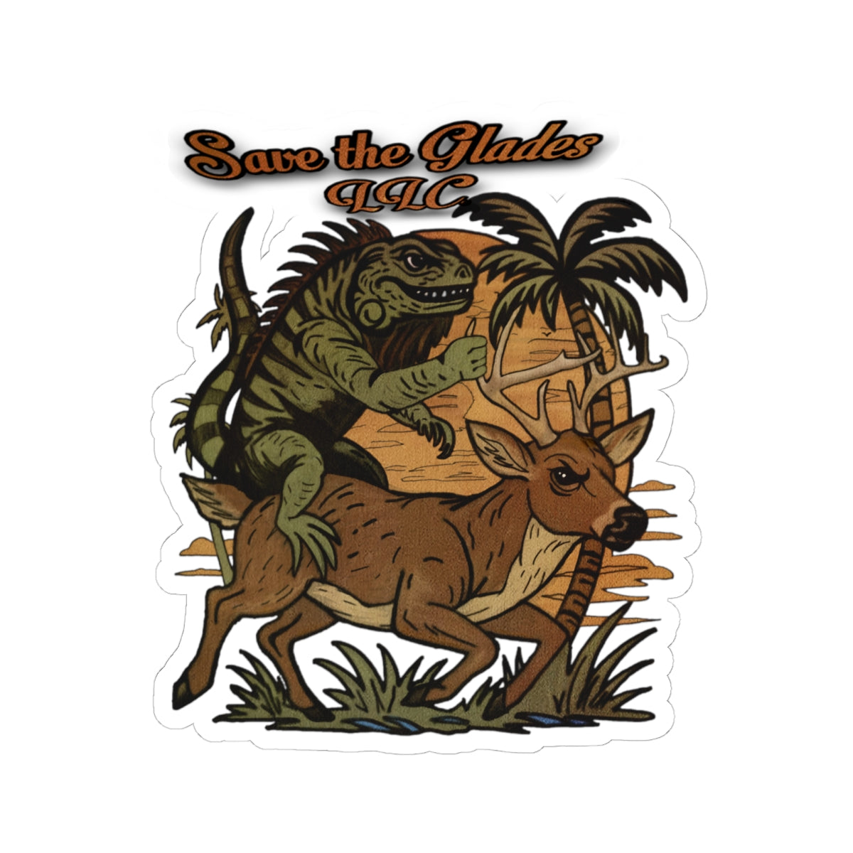 Save the Glades Sticker — Iguana Riding Deer Kiss-Cut Vinyl Decal